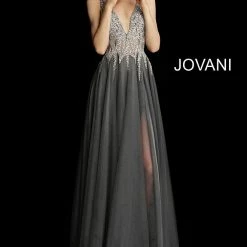 Jovani 54873 Embellished Bodice Plunging Neckline A Line Prom Dress