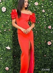 Jovani 54913 Off Shoulder Ruffle Sleeve Gown In Black, Blush, Deep Royal, Fuchsia, Mint, Navy, Orange, White, Yellow