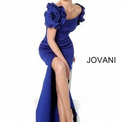 Jovani 54913 Off Shoulder Ruffle Sleeve Gown In Black, Blush, Deep Royal, Fuchsia, Mint, Navy, Orange, White, Yellow