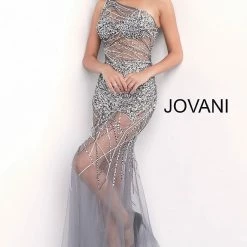 Long Sleeve Dresses Jovani 55567 One Shoulder Strap Prom Dress Sheer Embellished Evening Gown
