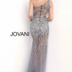 Long Sleeve Dresses Jovani 55567 One Shoulder Strap Prom Dress Sheer Embellished Evening Gown