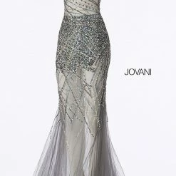 Long Sleeve Dresses Jovani 55567 One Shoulder Strap Prom Dress Sheer Embellished Evening Gown