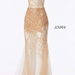 Long Sleeve Dresses Jovani 55567 One Shoulder Strap Prom Dress Sheer Embellished Evening Gown