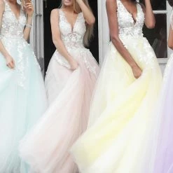 Jovani 55634 Floral Appliques Prom Dress Ballgown Lace Tulle Long V Neck