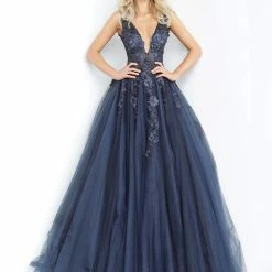 Jovani 55634 Floral Appliques Prom Dress Ballgown Lace Tulle Long V Neck 45 Jovani 55634 Floral Appliques Prom Dress Ballgown Lace Tulle Long V Neck