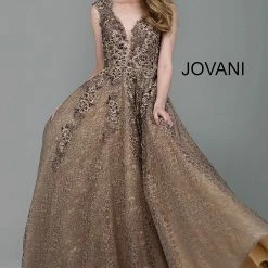 Ballgown Dresses Jovani Taupe Embroidered Lace A-Line Evening Gown 55877