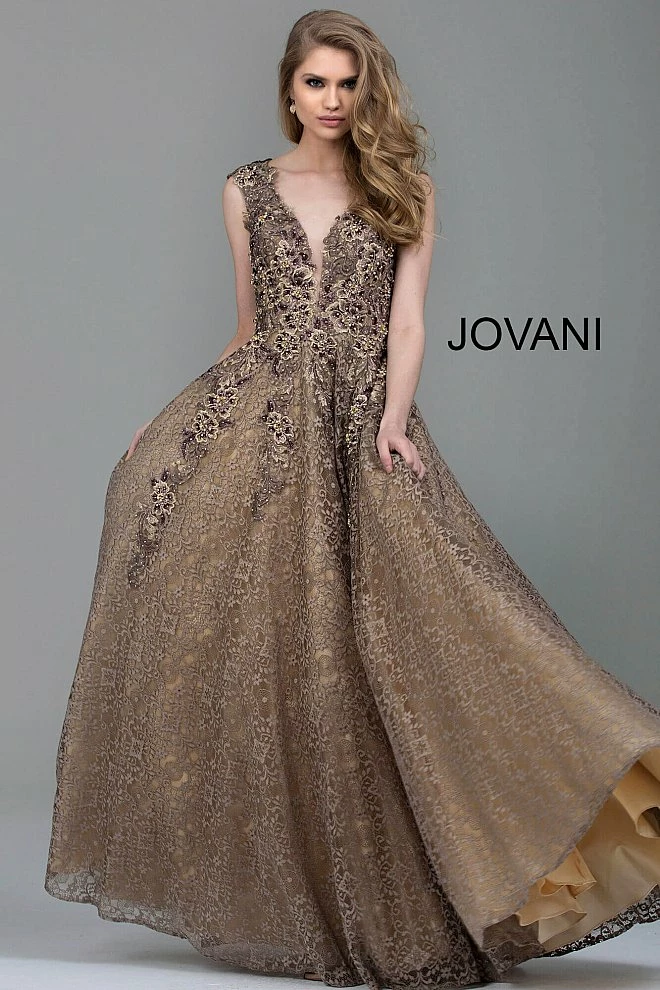 Ballgown Dresses Jovani Taupe Embroidered Lace A-Line Evening Gown 55877 3 Ballgown Dresses Jovani Taupe Embroidered Lace A-Line Evening Gown 55877