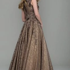 Ballgown Dresses Jovani Taupe Embroidered Lace A-Line Evening Gown 55877