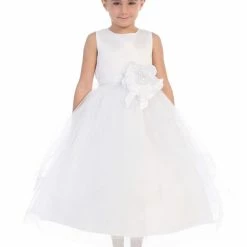 In Stock Girls Tea Length Size 2 White Flower Girl Dress Satin Bodice Layer Ruffle Tulle Skirt