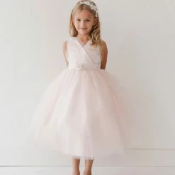 In Stock Tip Top 5698 Size 4 Blush Glitter V Neck Flower Girl Dress Broach Tea Length Tulle