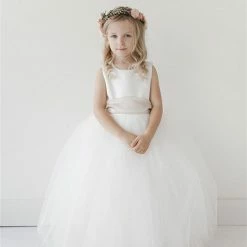 In Stock Girls Long White Satin Bodice Flower Girl Dress Sash Ballgown Tulle Skirt 5700