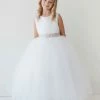 In Stock Girls Long White Satin Bodice Flower Girl Dress Sash Ballgown Tulle Skirt 5700