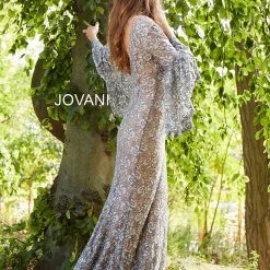 In Stock Jovani 57048 Long Bell Sleeves Evening Gown Embellished Lace Mermaid Prom Dress Size 6 Navy