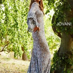 In Stock Jovani 57048 Long Bell Sleeves Evening Gown Embellished Lace Mermaid Prom Dress Size 6 Navy