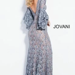 In Stock Jovani 57048 Long Bell Sleeves Evening Gown Embellished Lace Mermaid Prom Dress Size 6 Navy