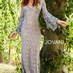 In Stock Jovani 57048 Long Bell Sleeves Evening Gown Embellished Lace Mermaid Prom Dress Size 6 Navy