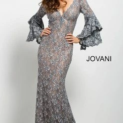 In Stock Jovani 57048 Long Bell Sleeves Evening Gown Embellished Lace Mermaid Prom Dress Size 6 Navy