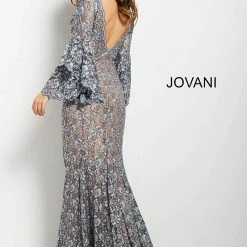 In Stock Jovani 57048 Long Bell Sleeves Evening Gown Embellished Lace Mermaid Prom Dress Size 6 Navy