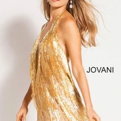 Jovani 57907 Gold Embellished Fringe Backless Cocktail Dress 57907 Backless Dresses