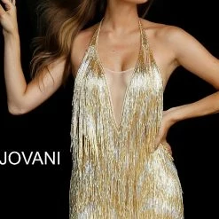 Jovani 57907 Gold Embellished Fringe Backless Cocktail Dress 57907 Backless Dresses