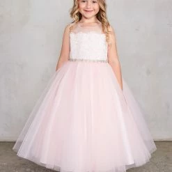 In Stock Girls Tea Length Size 4 Blush Lace Flower Girl Dress Tulle Skirt Sheer Neckline