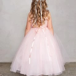 In Stock Girls Tea Length Size 4 Blush Lace Flower Girl Dress Tulle Skirt Sheer Neckline
