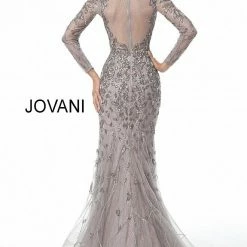 Mermaid Dresses Jovani Mauve Beaded Long Sleeve Sheer Back Evening Dress 58110