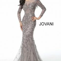 Mermaid Dresses Jovani Mauve Beaded Long Sleeve Sheer Back Evening Dress 58110