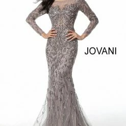 Mermaid Dresses Jovani Mauve Beaded Long Sleeve Sheer Back Evening Dress 58110