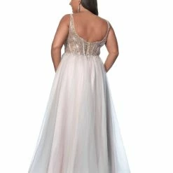 Ballgown Dresses Blush TOO 5831W Long Tulle Ballgown Sheer Corset Plus Size Prom Dress V Neck 2020