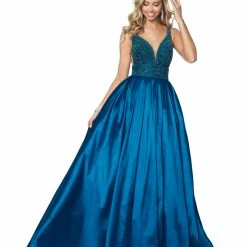 Blush Prom Ballgown Dresses Blush PINK 5836 Long Pleated Ballgown Embellished Prom Dress Embellished V Neck