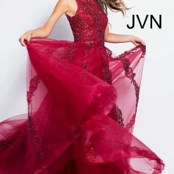 In Stock Ballgown Dresses Jovani JVN59046 Fuchsia Prom Dress Size 12 Sheer Tulle Lace High Neck Ballgown Formal Gown