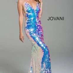 Discontinued Long Sleeve Dresses Jovani 59838 Paillette Fitted Iridescent Prom Dress Gown 2020 Sequin