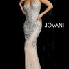 Long Sleeve Dresses Jovani 59852 Crystal Beaded Nude Silver Evening Gown Prom Dress