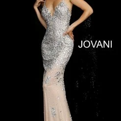 Long Sleeve Dresses Jovani 59852 Crystal Beaded Nude Silver Evening Gown Prom Dress