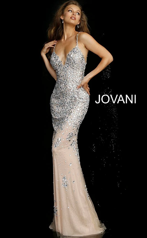 Long Sleeve Dresses Jovani 59852 Crystal Beaded Nude Silver Evening Gown Prom Dress 3 Long Sleeve Dresses Jovani 59852 Crystal Beaded Nude Silver Evening Gown Prom Dress