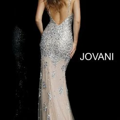 Long Sleeve Dresses Jovani 59852 Crystal Beaded Nude Silver Evening Gown Prom Dress