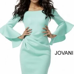 Jovani Aqua Scuba Bell Sleeve Knee Length Dress 59992