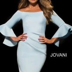 Jovani Aqua Scuba Bell Sleeve Knee Length Dress 59992