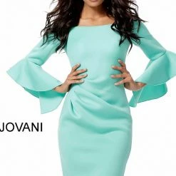 Jovani Aqua Scuba Bell Sleeve Knee Length Dress 59992