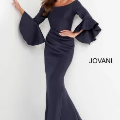Jovani 59993 Scuba Off The Shoulder Bell Sleeves Evening Dress Formal Long Sleeve