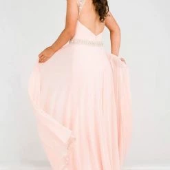 In Stock Jovani JVN 48641 Size 12 Blush Long A Line Formal Dress Embellished Gown Backless Dresses