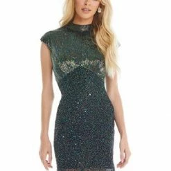 Ashleylauren Ashley Lauren 4331 Cap Sleeve High Neck Liquid Beading Cocktail Dress
