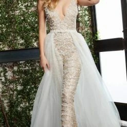 Jovani Bridal 60010 Embellished V Neckline Jumpsuit Tulle Overskirt Pageant Wedding Backless Dresses