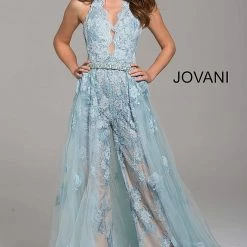 Jovani 60124 Lace Halter Prom Jumpsuit Romper Lace Detachable Skirt Dress