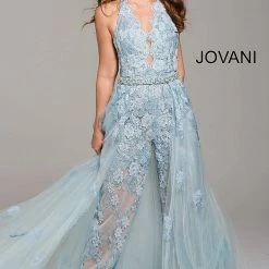Jovani 60124 Lace Halter Prom Jumpsuit Romper Lace Detachable Skirt Dress