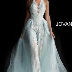 Jovani 60124 Lace Halter Prom Jumpsuit Romper Lace Detachable Skirt Dress