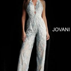 Jovani 60124 Lace Halter Prom Jumpsuit Romper Lace Detachable Skirt Dress