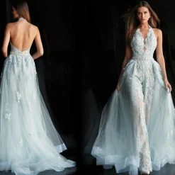 Jovani 60124 Lace Halter Prom Jumpsuit Romper Lace Detachable Skirt Dress