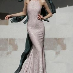 Discontinued JVN By Jovani 60137 Embellished Glitter Jersey High Neckline Prom Dress Shimmer